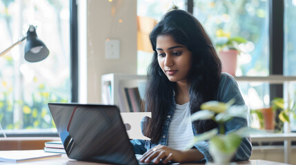 Fototapeta premium Case study education concept, young Indian woman studying case material on laptop, clean modern workspace 