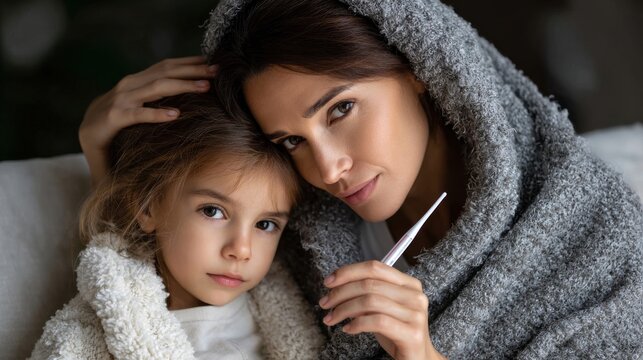 A woman and a child are sitting together, with the woman holding a thermometer