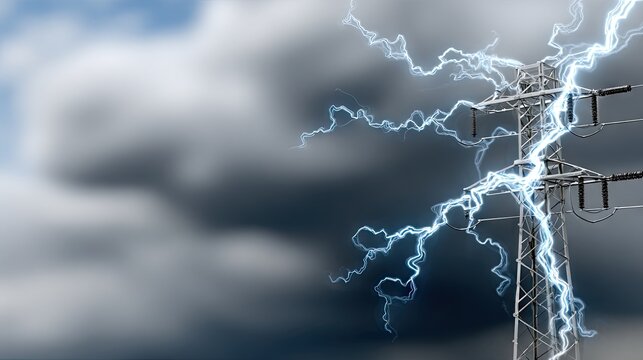 High-voltage tower stands out against a night sky, with bright digital lines and data visualizations highlighting elements of energy technology in stunning detail.