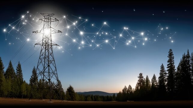 High-voltage tower stands out against a night sky, with bright digital lines and data visualizations highlighting elements of energy technology in stunning detail.