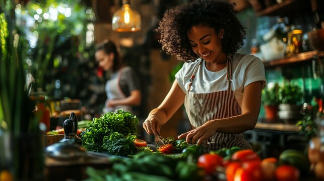 Chef preparing fresh vegetables in a cozy kitchen with another cook nearby in the afternoon