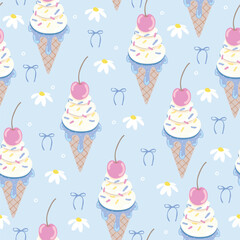 Seamless vector pattern with ice cream cones, bows, daisies, flowers, and cherries on a pastel blue background. Sweet, playful design.