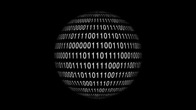 Sharp binary digital code on spherical surface abstract background with randomly changing zeros and ones isolated on black. Abstract circle with binary numbers rotating
