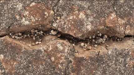 Top-down photo of cracked ground with scattered pebbles and deep, angular crevices