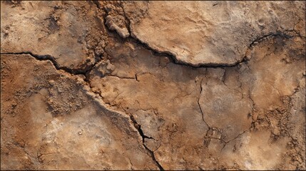 Fototapeta premium Top-down view of arid soil with random natural cracks and rough textures throughout