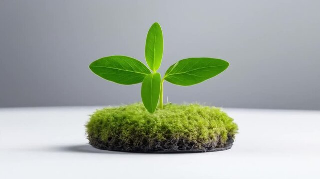 A small green plant with four leaves grows from a circular patch of moss on a white surface against a gray background.
