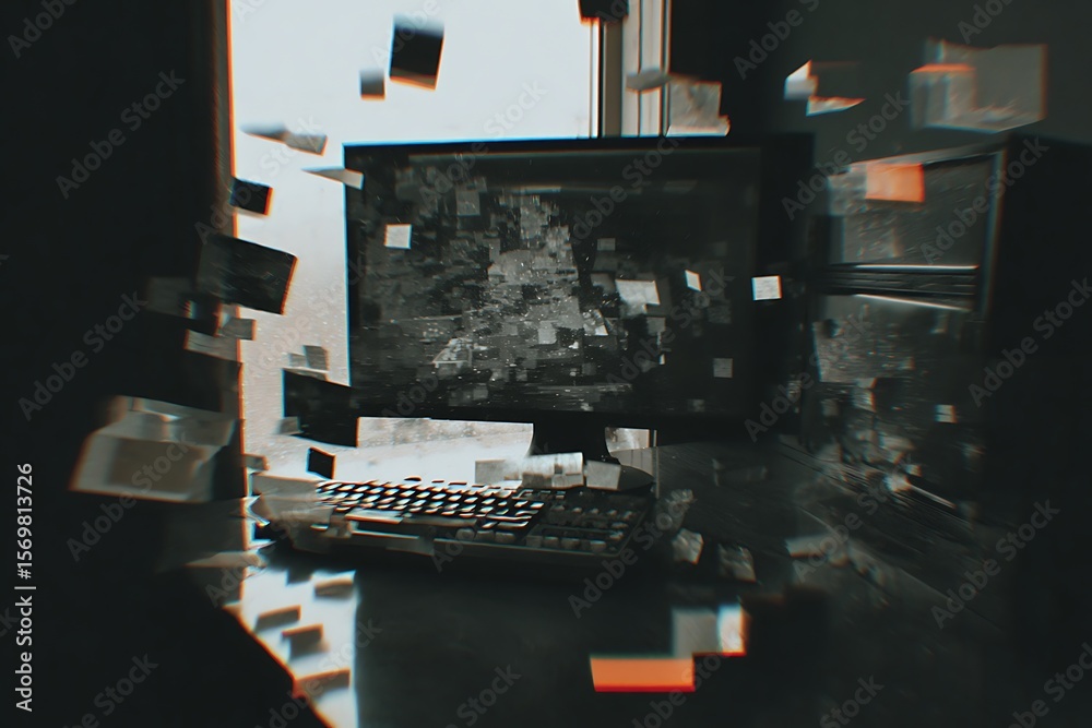 Fototapete Digital workstation with a distressed monitor and keyboard.