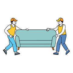 Two men carefully lift and move a large sofa together, showing teamwork and balance, with focused expressions as they navigate the furniture through a doorway.
