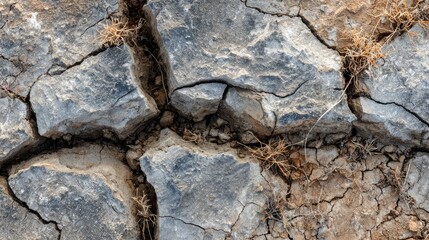 Uneven, desiccated soil crust with wide cracks and a dry matte finish in a barren setting
