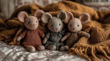 Velvet toy mice in earthy tones arranged beside a cozy cat blanket