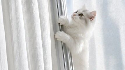 White cat climbing up a vertical sliding window, trying to reach the curtain rod