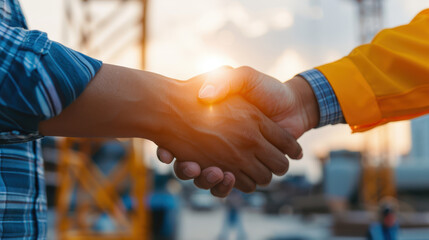 Two people shaking hands in front of a construction site