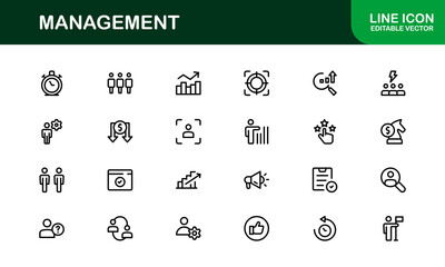 Modern Management Icon Set in Vector Style Featuring Leadership, Teamwork, Strategy, and Planning Symbols