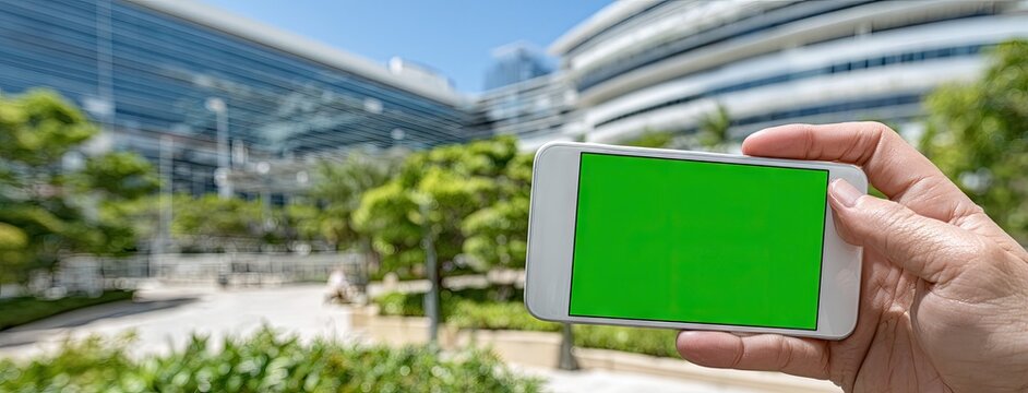 Close-up of hand holding smartphone with green screen on Dutch street showcasing modern architecture and smartwatch - Powered by Adobe