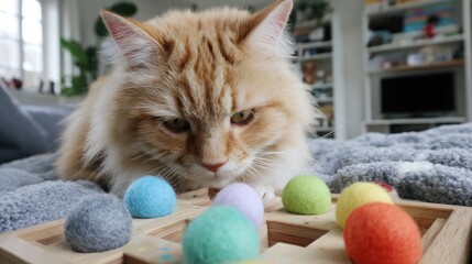 Wooden maze toy for cats with hidden balls and felt-covered obstacles