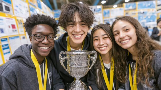Four diverse teens celebrating science fair victory with trophy and medals - Powered by Adobe