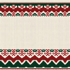 An elegant and cozy sweater pattern background with a horizontal border made of red, green, and white knitted texture. The center is left blank for text or design elements. 