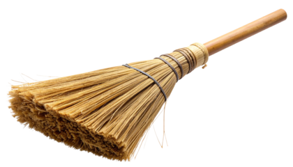Traditional Straw Broom with Wooden Handle, isolated on transparent background.