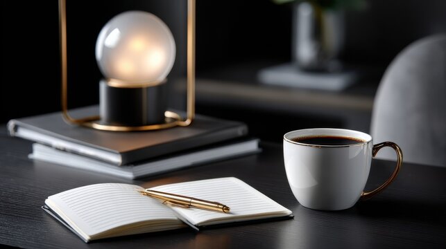 A cup of coffee sits on a table next to a notebook - Powered by Adobe