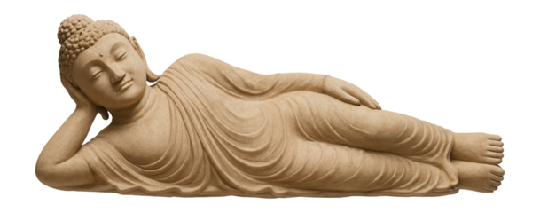 A sandstone statue of a reclining Buddha, ideal for a tranquil meditation space.