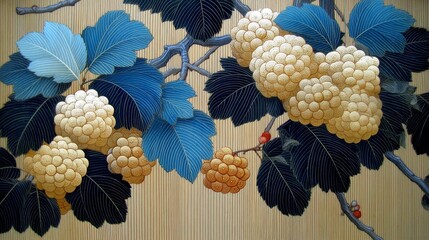 Vibrant botanical illustration featuring clusters of golden-hued textured fruits, deep-blue veined leaves, dark gnarled branches, and small red berries on a light neutral striped background.