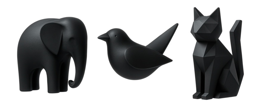 3D-printed animal figurines in abstract designs for a contemporary art collection in a studio apartment.