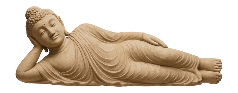 A sandstone statue of a reclining Buddha, ideal for a tranquil meditation space.