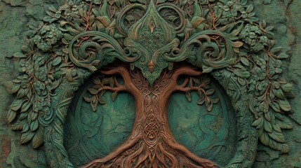 Intricate ornate tree sculpture with swirling branches, Celtic knotwork, lush foliage, and stylized floral motif against textured green stone background.