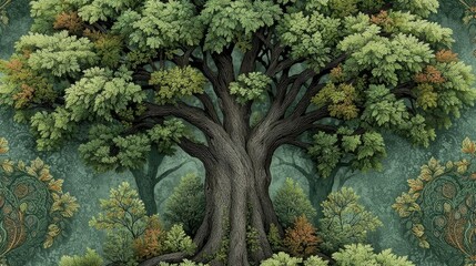 Majestic ancient tree with gnarled trunk, lush green canopy, and orange foliage surrounded by dense forest, ornate leaf motifs, and serene woodland atmosphere.
