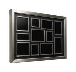 A wall-mounted collage frame with LED backlighting for enhanced photo display in a dimly lit hallway.
