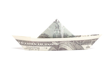Money Origami boat with one hundred Dollar bills