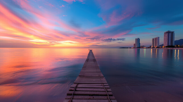 A beautiful sunset over the ocean with a wooden pier in the foreground