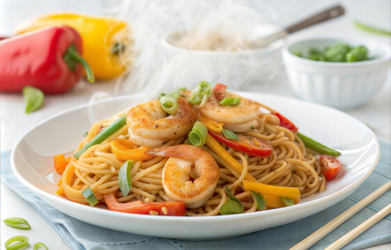 Hot and spicy fried noodls with shrimp
