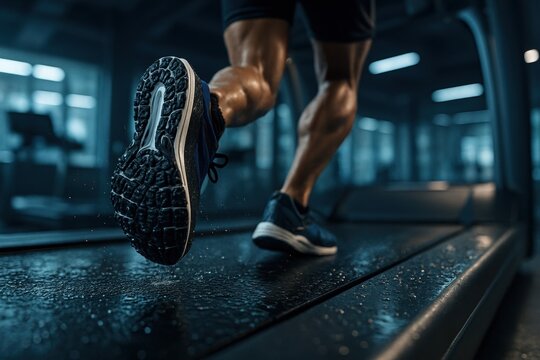 Relentless Run: A person, captured mid-stride, sprints across a treadmill surface, their toned legs and determination, symbolizing the essence of fitness and unwavering commitment. 