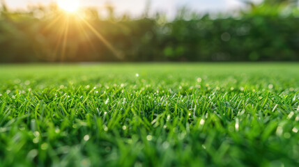 Naklejka premium A field of green grass with a bright sun shining on it