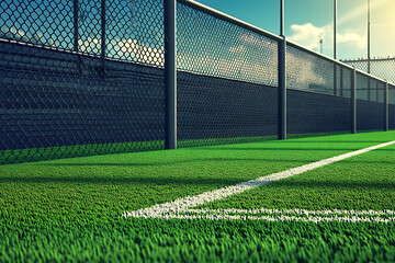 Close-up view of a vibrant green sports field with a chain-link fence under a clear sky