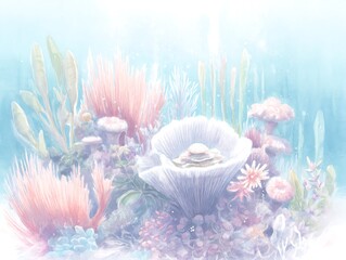 Underwater coral reef scene, painted in pastel colors.
