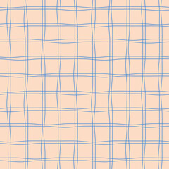 Wavy grid vector seamless pattern. Retro-style abstract geometric repeat tile. Irregular crossed blue thin lines on muted background. Modern minimalist checkered design for fashion fabric, home decor