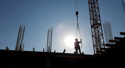 Silhouette of construction worker guiding a crane lifting materials on a building site against a bright, sunny sky.