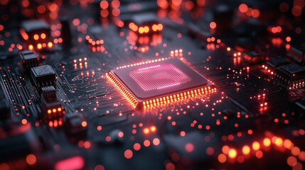 Glowing computer chip with red circuit board technology