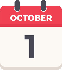 1 October Daily Calendar Icon in flat design style red and white