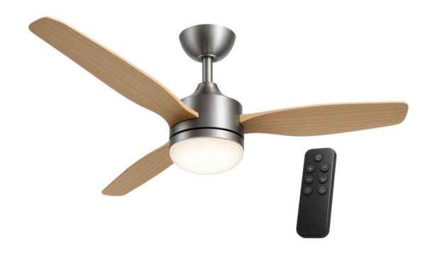 A LED ceiling fan light with remote control, designed for a spacious living area.