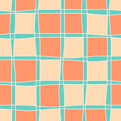 Modern playful checkered vector seamless pattern. Colorful abstract geometric repeat tile with wobbly checkerboard and lines. Simple retro hand drawn wavy check grid and crossed stripes background 