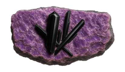 Tourmaline in lepidolite matrix featuring black prismatic crystals in purple mica