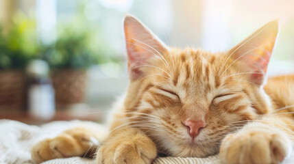 A cat is sleeping on a blanket with its eyes closed