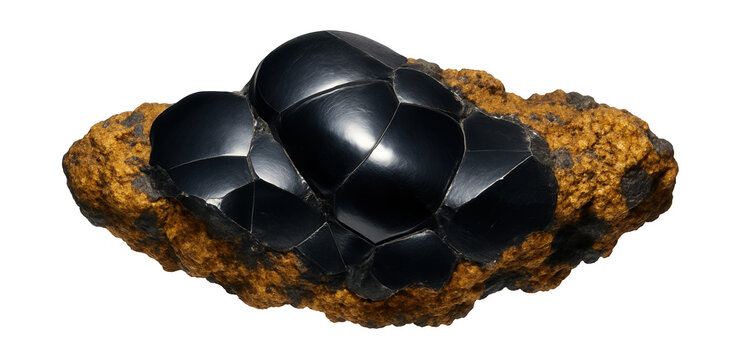 Hematite with goethite displaying metallic black plates and yellow-brown crust