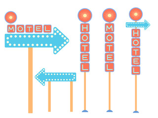 Retro hotel signs vector illustration set. Vintage neon motel road direction sign with arrow and bold letters isolated on white background. Mid-century modern style signboard for vacation design