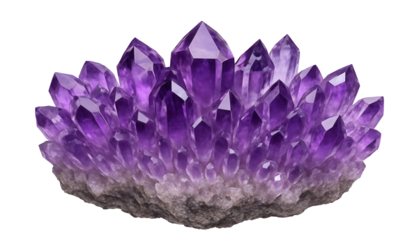 Translucent amethyst cluster displaying violet hues and hexagonal formations