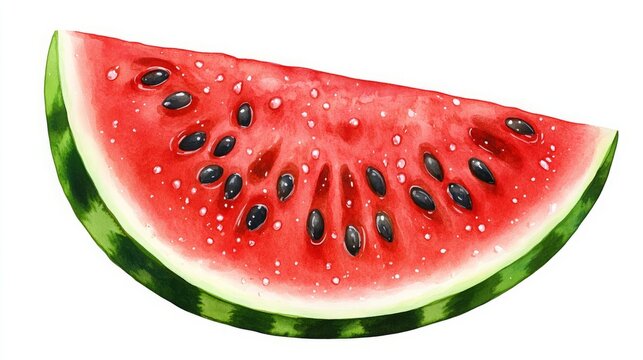 A large, vibrant red slice of watermelon with black seeds and glistening juice drops. Isolated on white for summer food design.