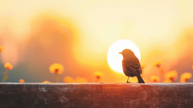 A small black bird is perched on a wooden railing in front of a large orange sun - Powered by Adobe